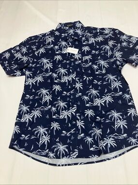 Men's Navy Palm-Print Short Sleeve Button-Down Shirt